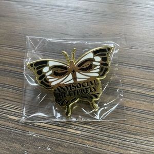 Antisocial butterfly gold white & black enamel pin
